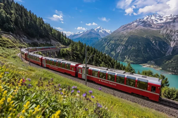 bernina-express-alps قطار برنینا اکسپرس در حال عبور از کوههای آلپ سوئیس در تابستان با منظره دریاچه و گلهای وحشی